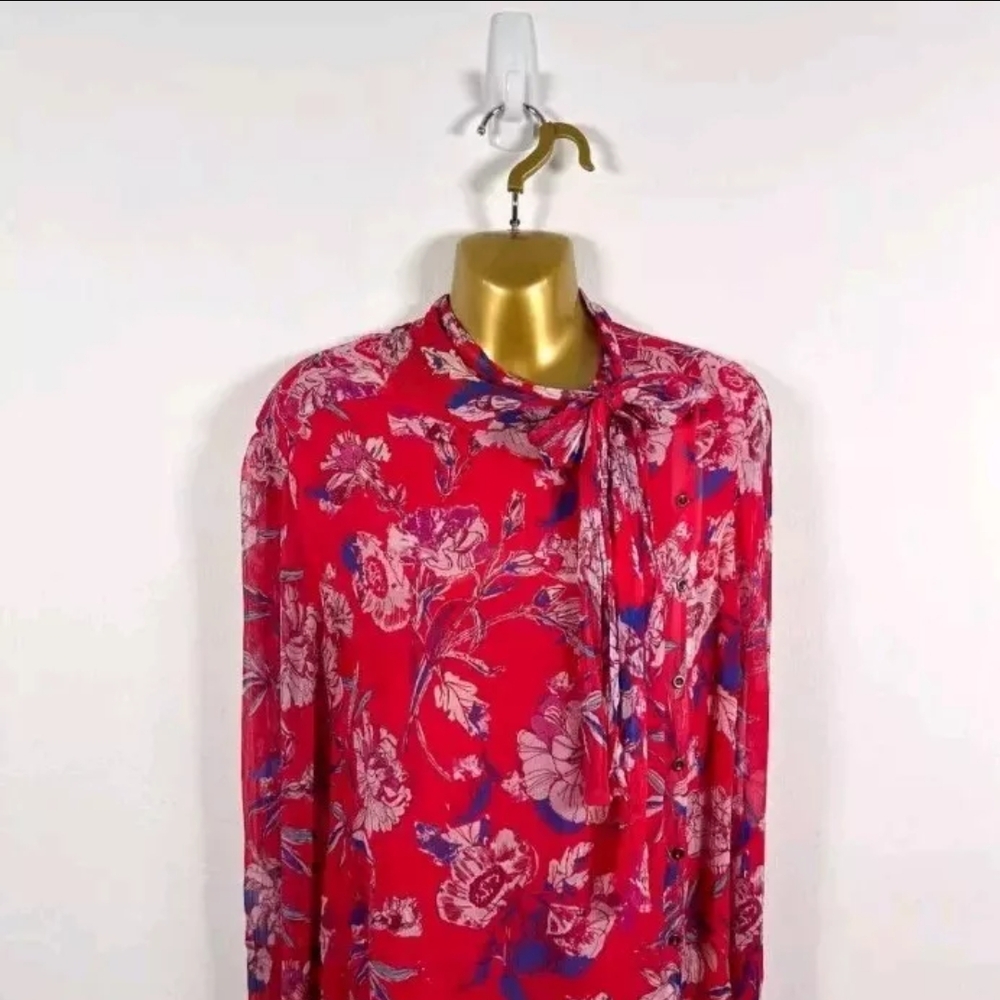 Free People Blouse Womens Large Pink Floral Bow Top Shirt Boho Ladies